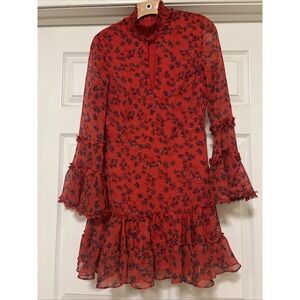 Bardot dress US 6 Mini Dress Red Color With Floral Print Ruffle Long Sleeves